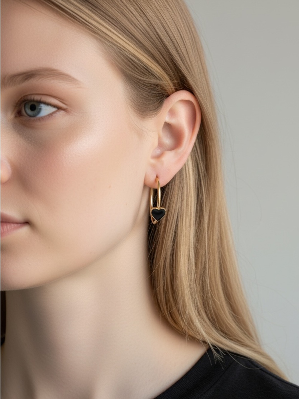 10/2 Gold Hoop Earrings with Black Heart Charm - Women's Jewelry